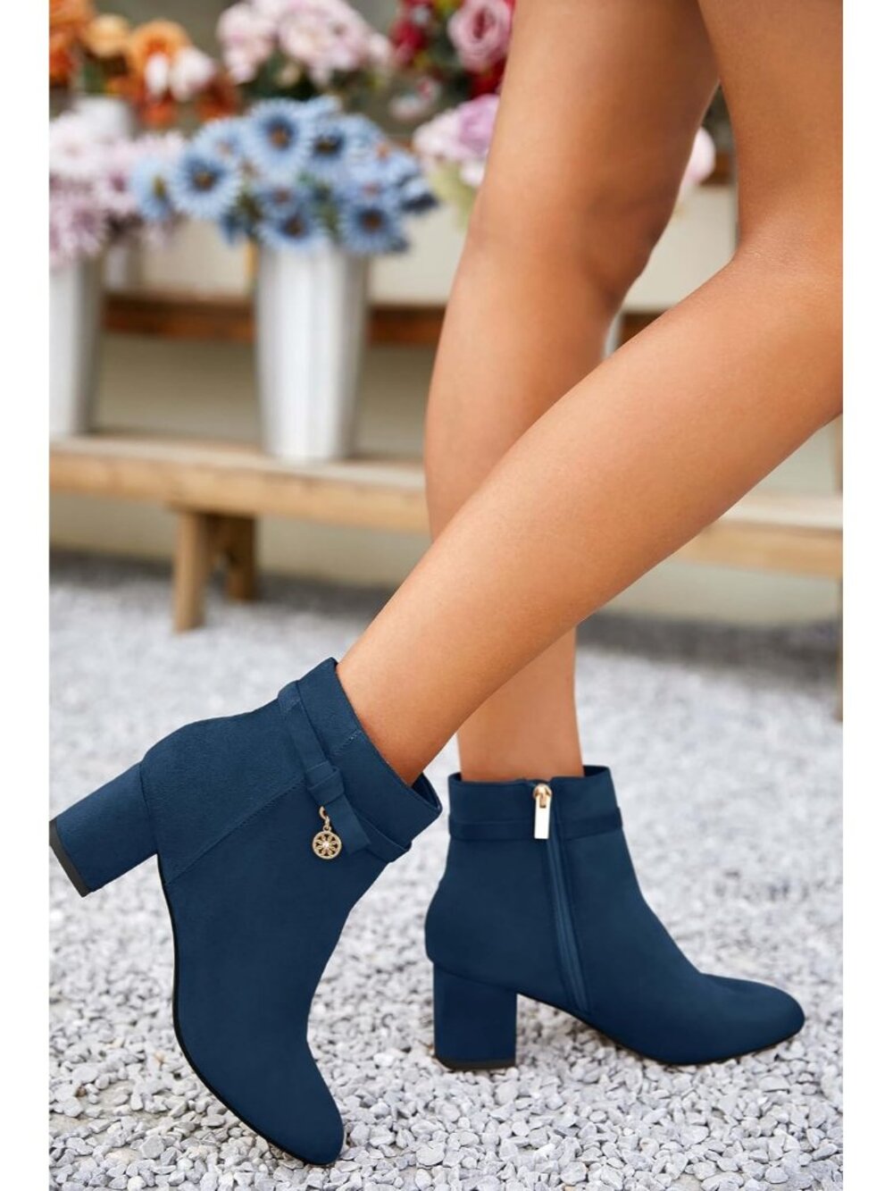 Women's Navy Suede Chunky Block Low Heel Vintage Tie Knot Side Zip Ankle Bootie - Picture 2 of 4